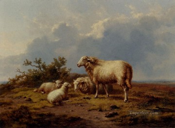 ユージン・ヨーゼフ・フェルベックホーフェン Painting - 牧草地の羊 オイゲン・フェルベックホーフェン 動物